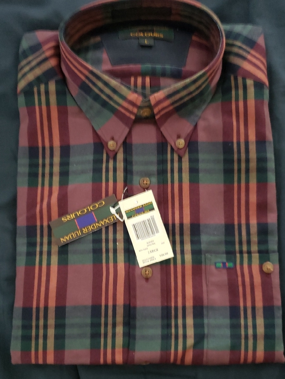 NWT-Men’s Button-Down Plaid Shirt in Burgundy & Green
